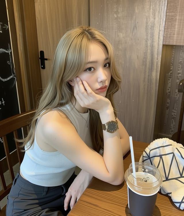 Portrait result: wider, elevated view of a woman resting her face on her hand at a cafe table.