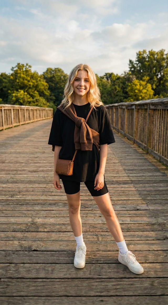 Portrait result: woman standing with one leg extended on a wooden bridge in warm sunlight.
