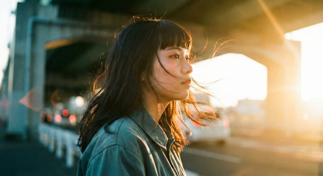 Portrait result: close side view of a dark-haired woman in golden sunlight beneath an overpass.