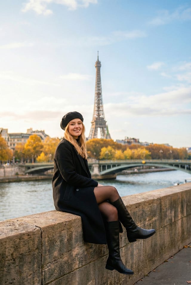 Portrait result: woman in a black beret seated on a riverside wall with the Eiffel Tower behind her.