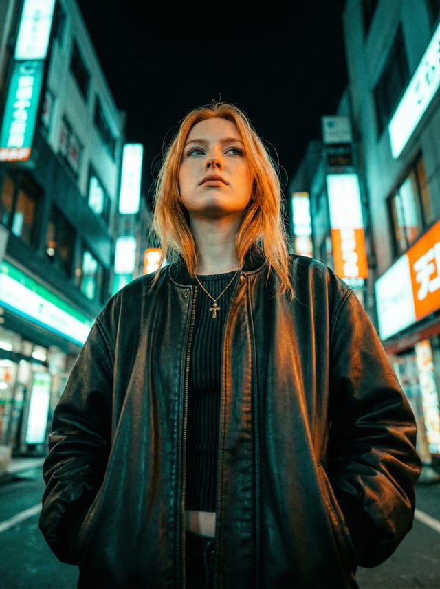 Portrait result: woman in a leather jacket framed from below against teal and orange street lights.