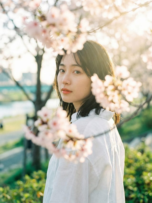 Portrait result: close-up of a dark-haired woman framed by softly blurred pink blossoms.