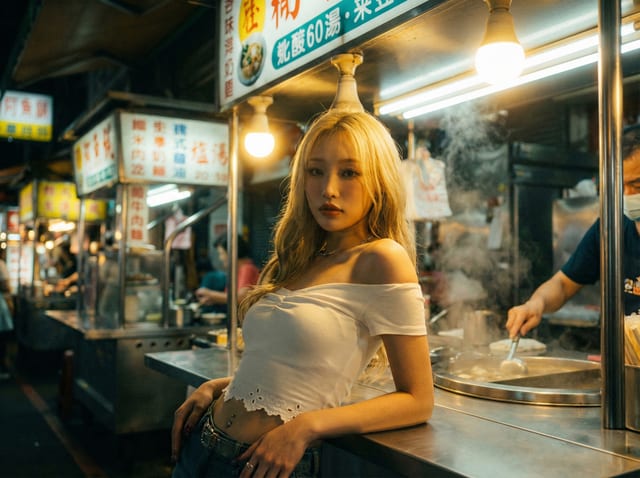 Composite result: woman in a white off-shoulder top standing beside a brightly lit night-market food stall.